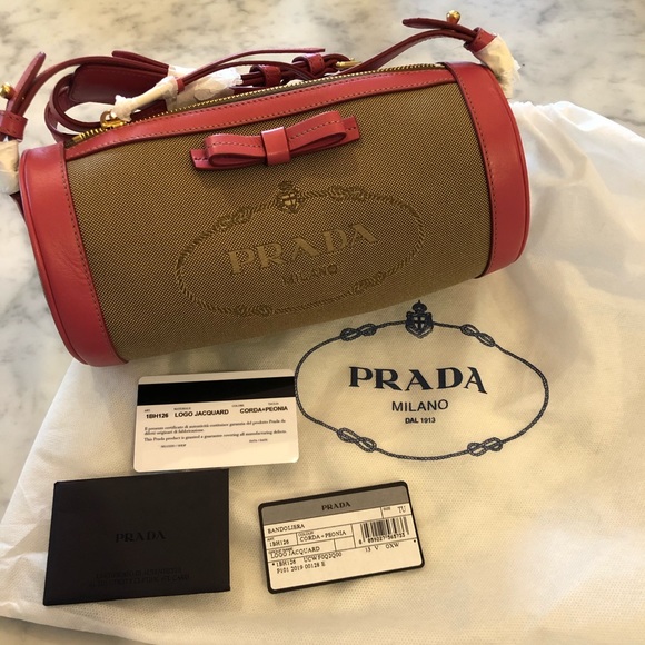 Prada, Bags, Prada Pink Logo Jacquard Barrel Purse